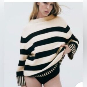 Zara Cream and Black Striped Oversized Sweater